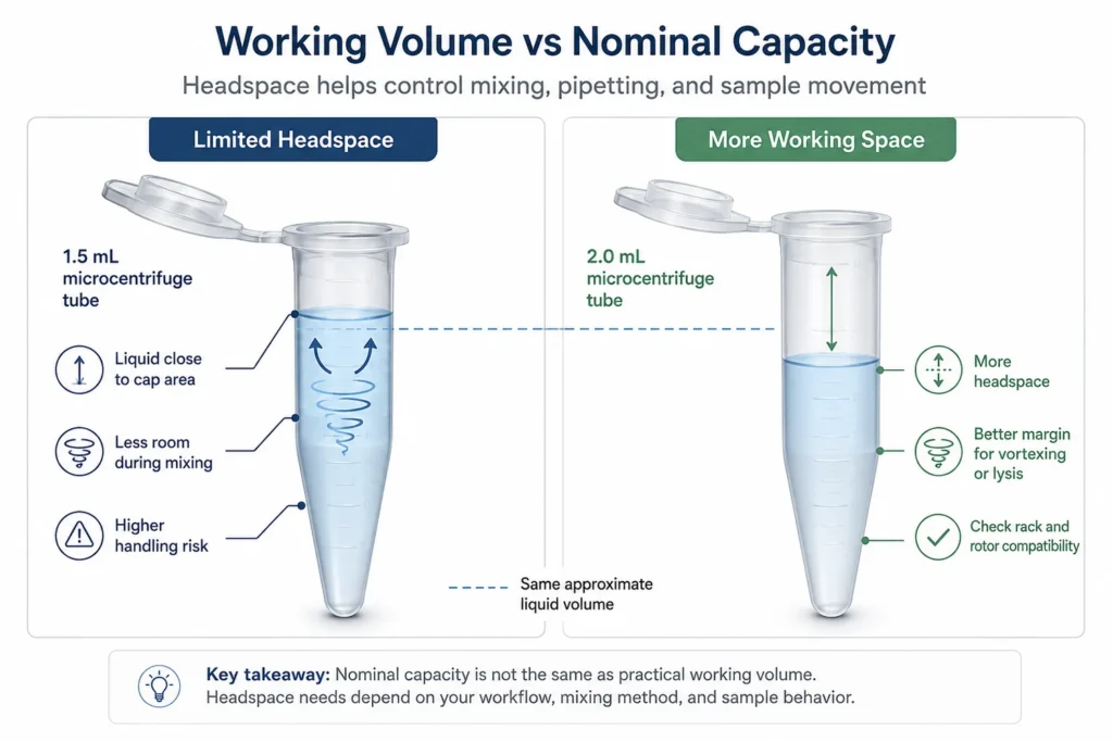 Working volume and headspace comparison between 1.5 mL and 2.0 mL microcentrifuge tubes