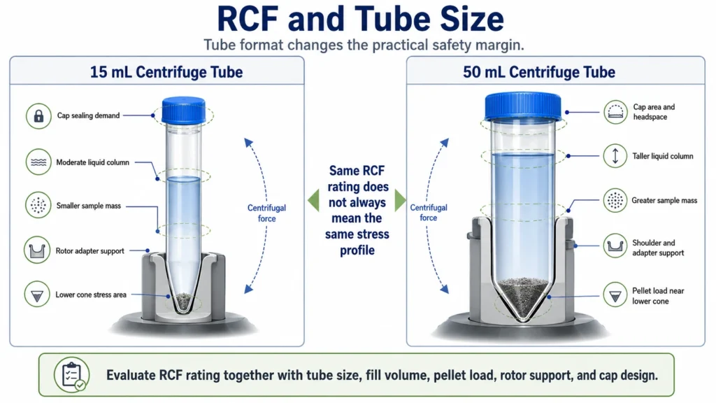 Scientific infographic comparing 15 mL and 50 mL centrifuge tube stress profiles under RCF conditions