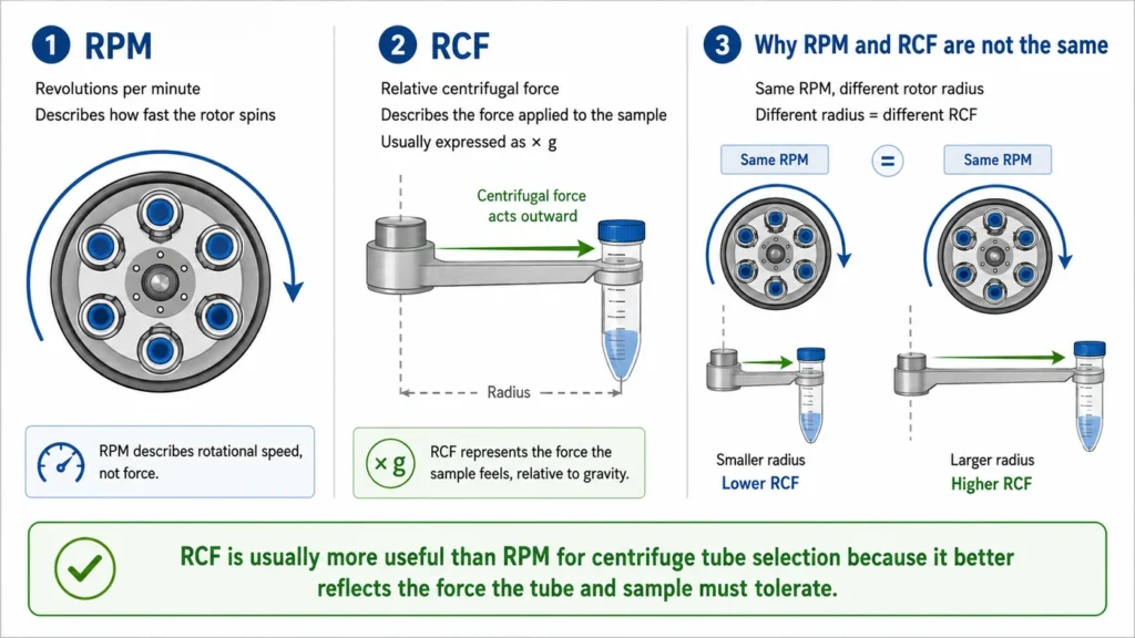 Scientific infographic explaining the difference between RPM and RCF in centrifuge tube selection