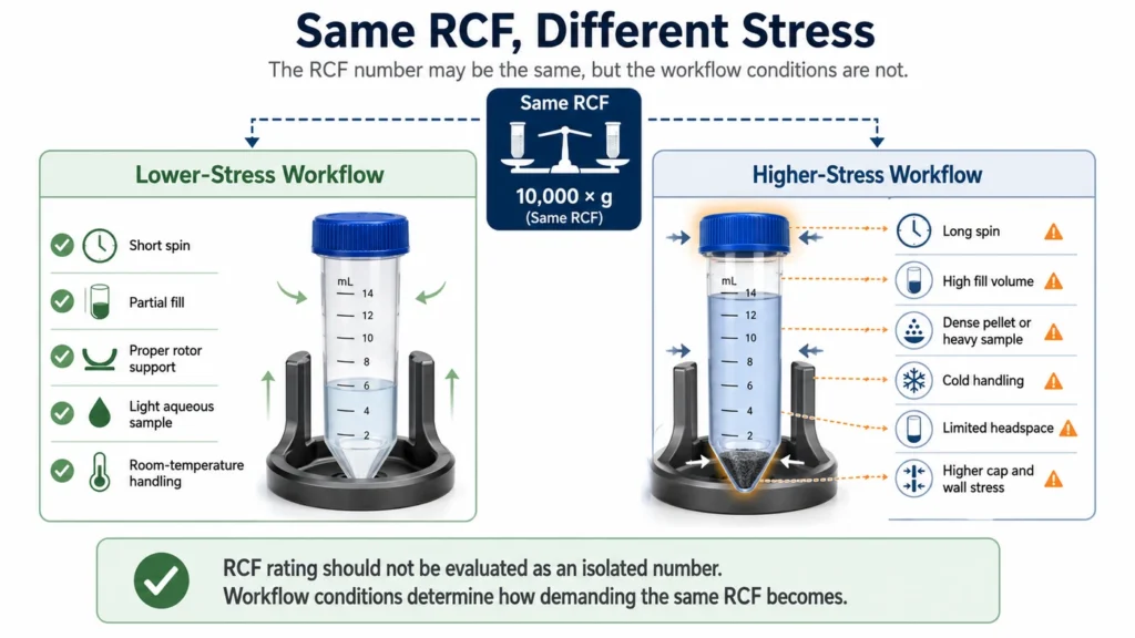 Scientific infographic showing how the same RCF can create different stress on centrifuge tubes under different workflow conditions