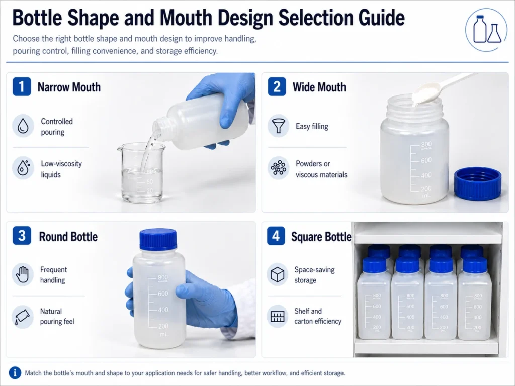Bottle shape and mouth design selection guide for narrow mouth, wide mouth, round, and square reagent bottles