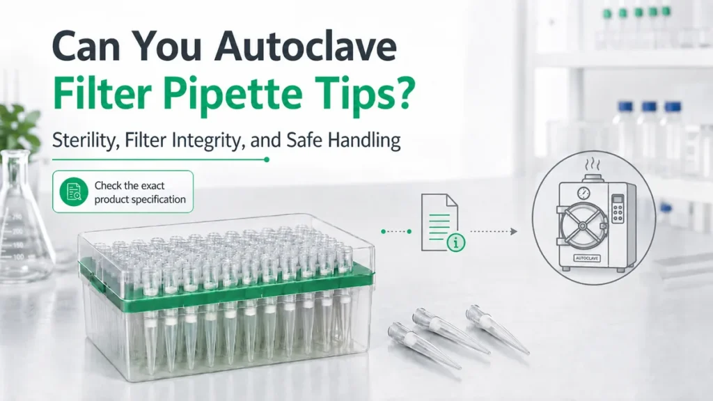 Rack of filter pipette tips with product instructions and a laboratory autoclave