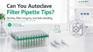Rack of filter pipette tips with product instructions and a laboratory autoclave