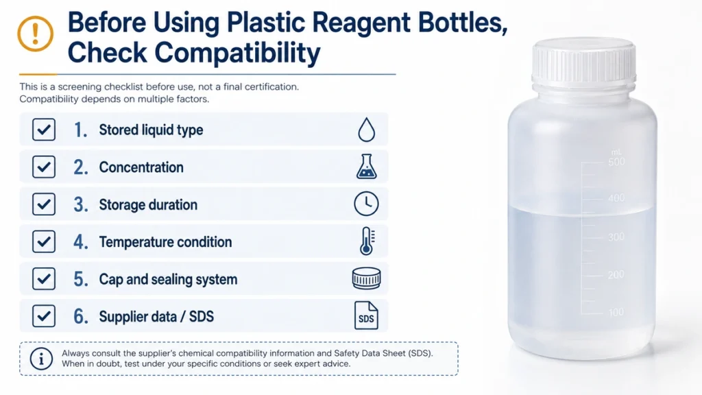 Chemical compatibility checklist for plastic reagent bottles before laboratory use
