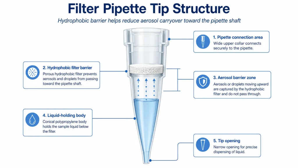 Structure of a filter pipette tip with a hydrophobic barrier near the upper tip body