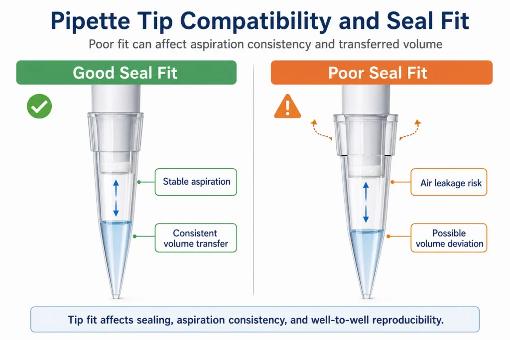 Good and poor seal fit comparison between a pipette shaft and filter pipette tips