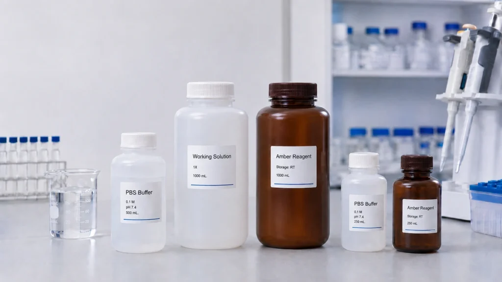 Plastic reagent bottles for buffers, working solutions, and routine laboratory storage