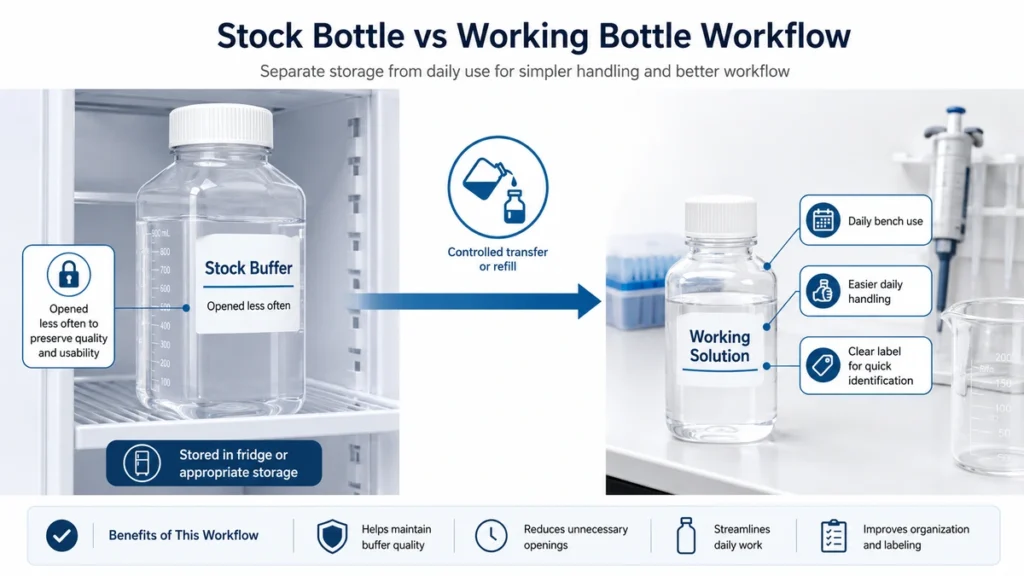 Stock buffer bottle and working solution bottle workflow for daily laboratory use