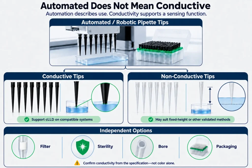 Conductive and non-conductive automated pipette tips with separate filter, sterility, bore, and packaging options