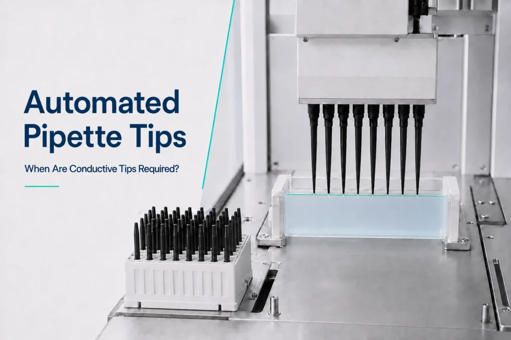 Automated pipette tips on an eight-channel liquid handler with black conductive tips in a rack