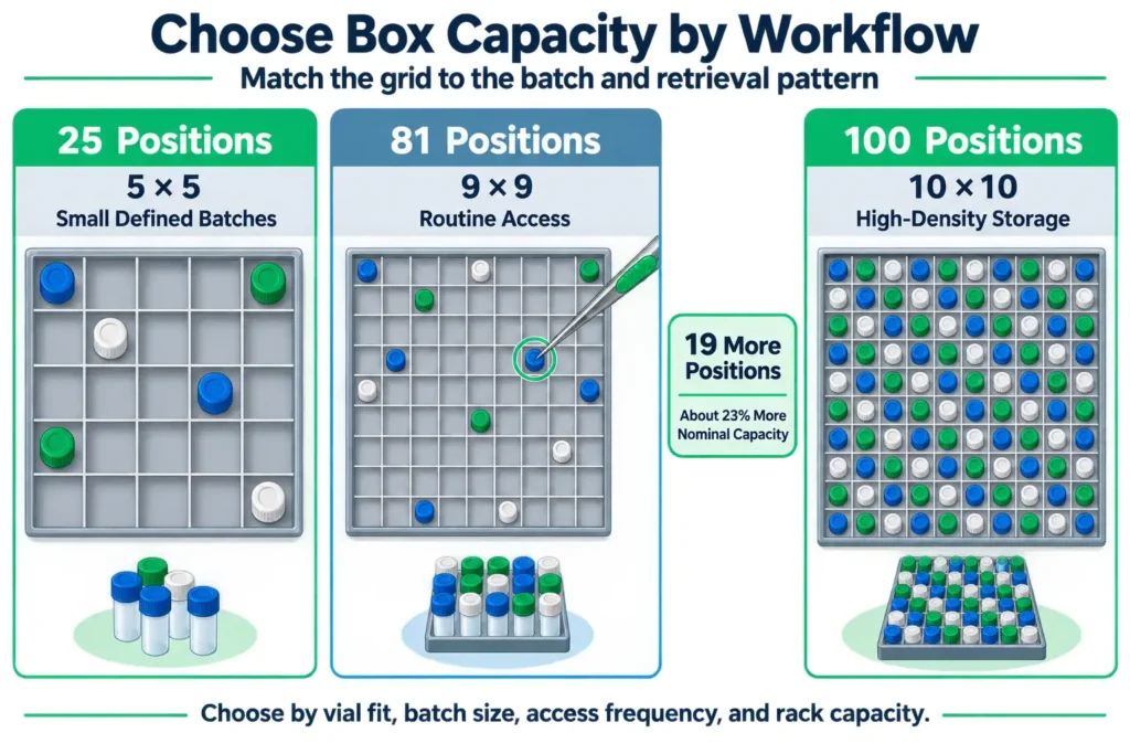Comparison of 25-, 81-, and 100-position cryo boxes for different batch sizes and retrieval patterns