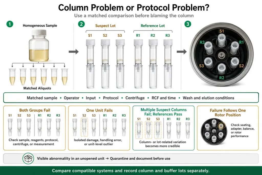 Matched aliquot comparison of suspect and reference spin columns under controlled conditions and distributed rotor positions