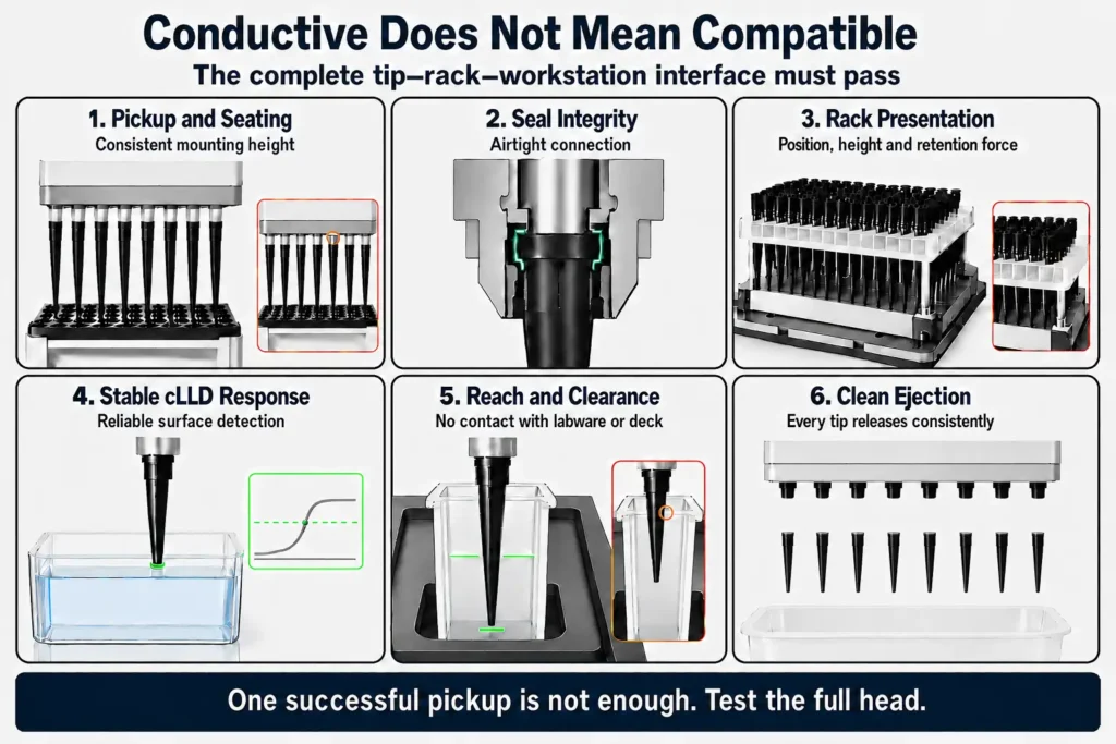 Compatibility checks for conductive pipette tips covering pickup, sealing, rack presentation, cLLD, clearance, and ejection
