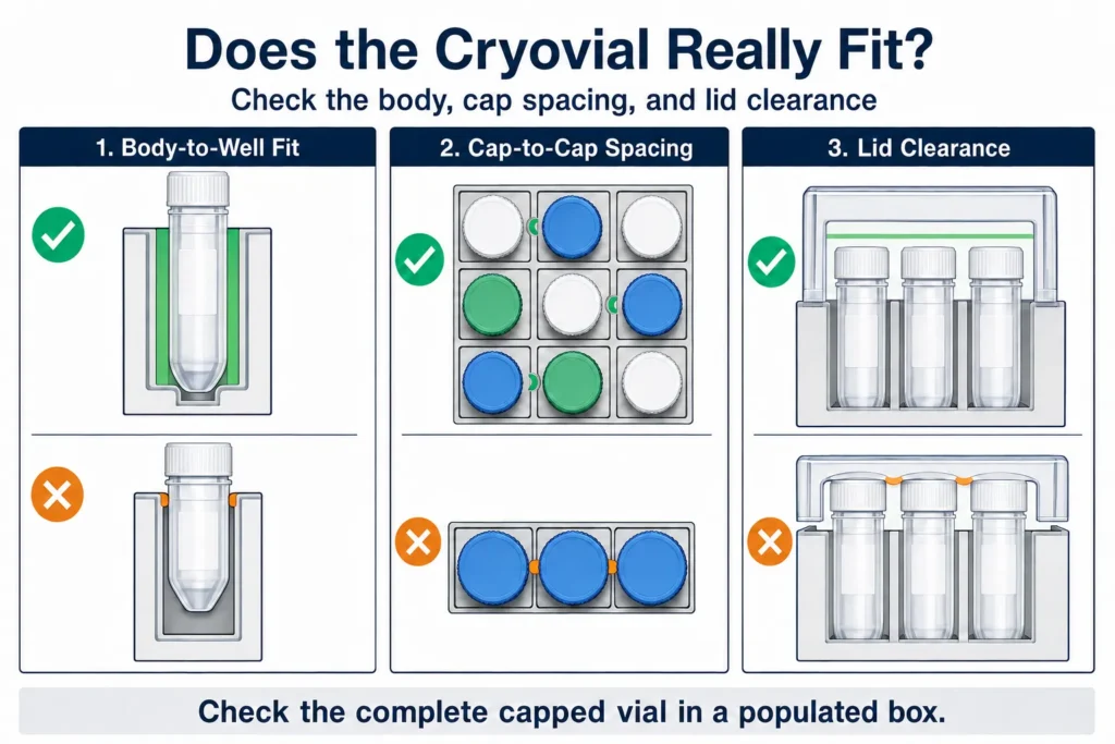 Three cryovial fit checks showing body-to-well clearance, cap spacing, and closed-lid clearance