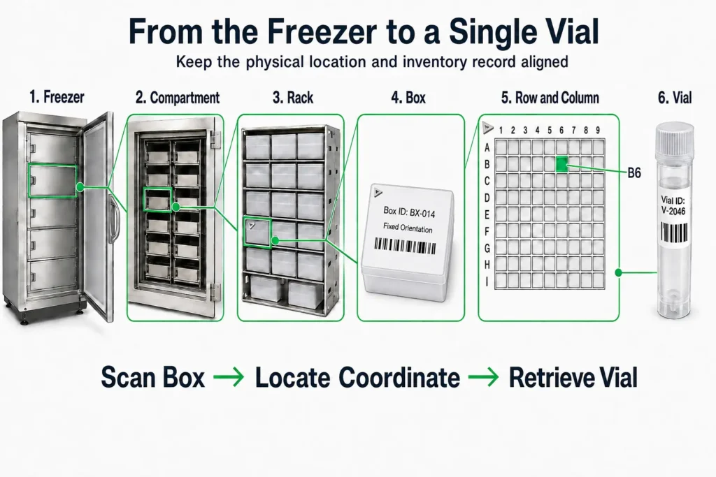 Cryovial location path from freezer and rack to Box BX-014, coordinate B6, and Vial V-2046