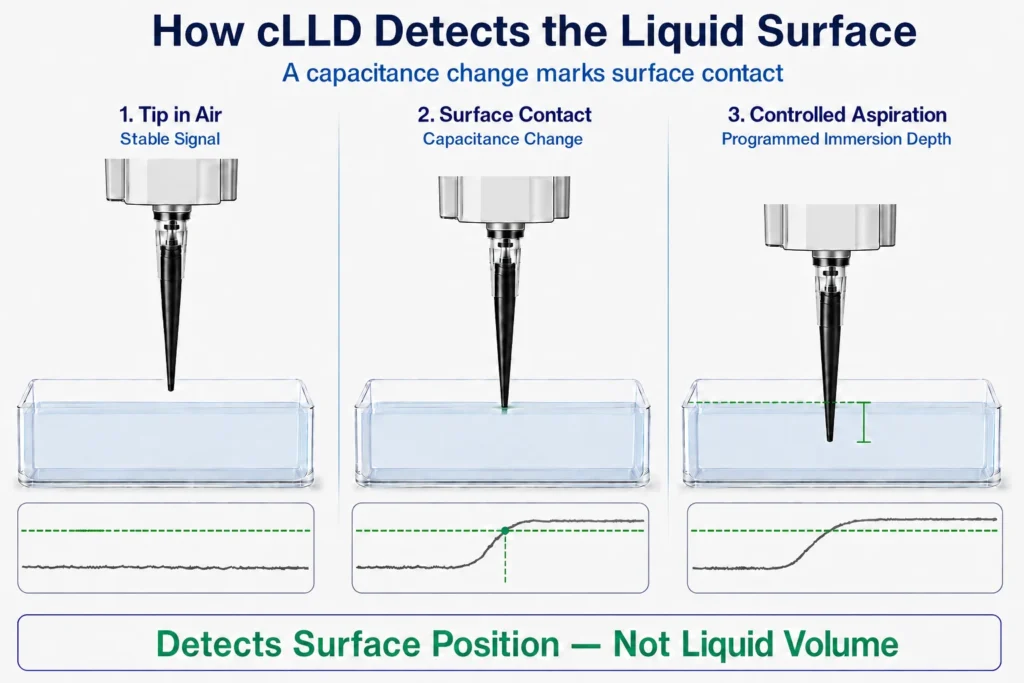 cLLD process showing a conductive pipette tip detecting the liquid surface before controlled aspiration