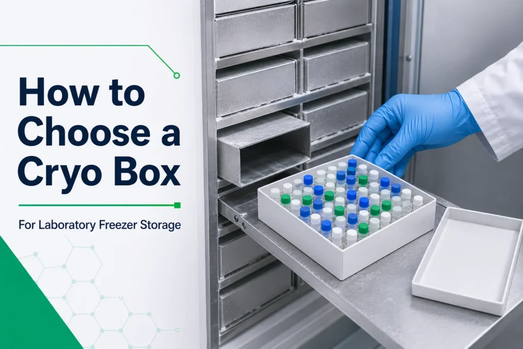 Gloved hand holding an open cryo box with capped cryovials beside a laboratory freezer rack