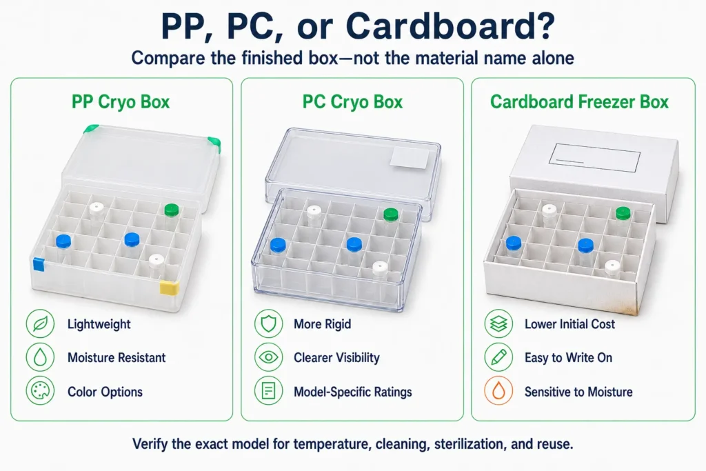 Comparison of PP, PC, and cardboard cryo boxes by handling, visibility, moisture resistance, and reuse needs