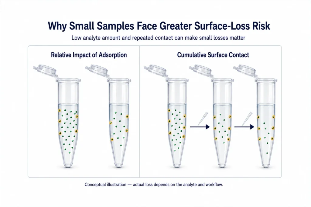 Small-volume samples facing greater relative adsorption and cumulative surface loss during repeated transfers