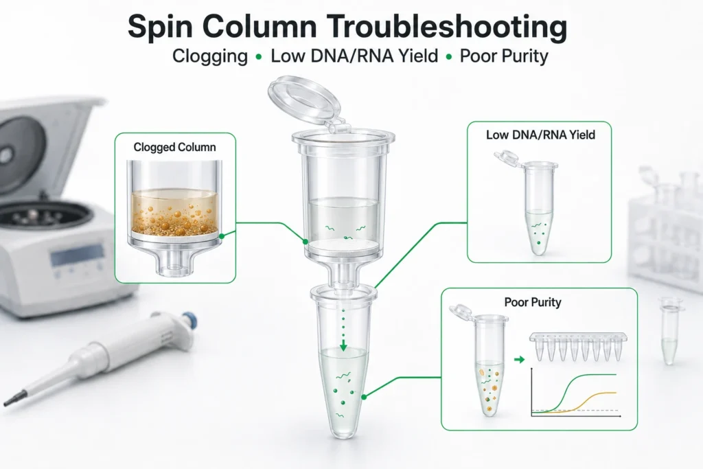 Spin column troubleshooting for clogging, low DNA or RNA yield, and poor purity