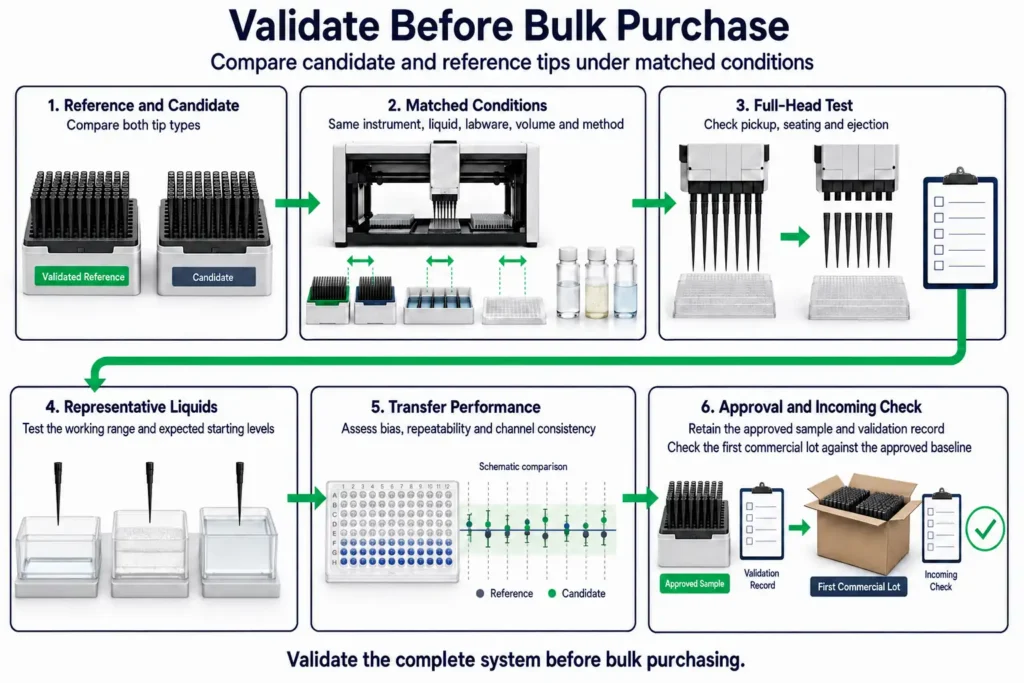 Six-step validation workflow comparing candidate and reference conductive pipette tips before bulk purchase