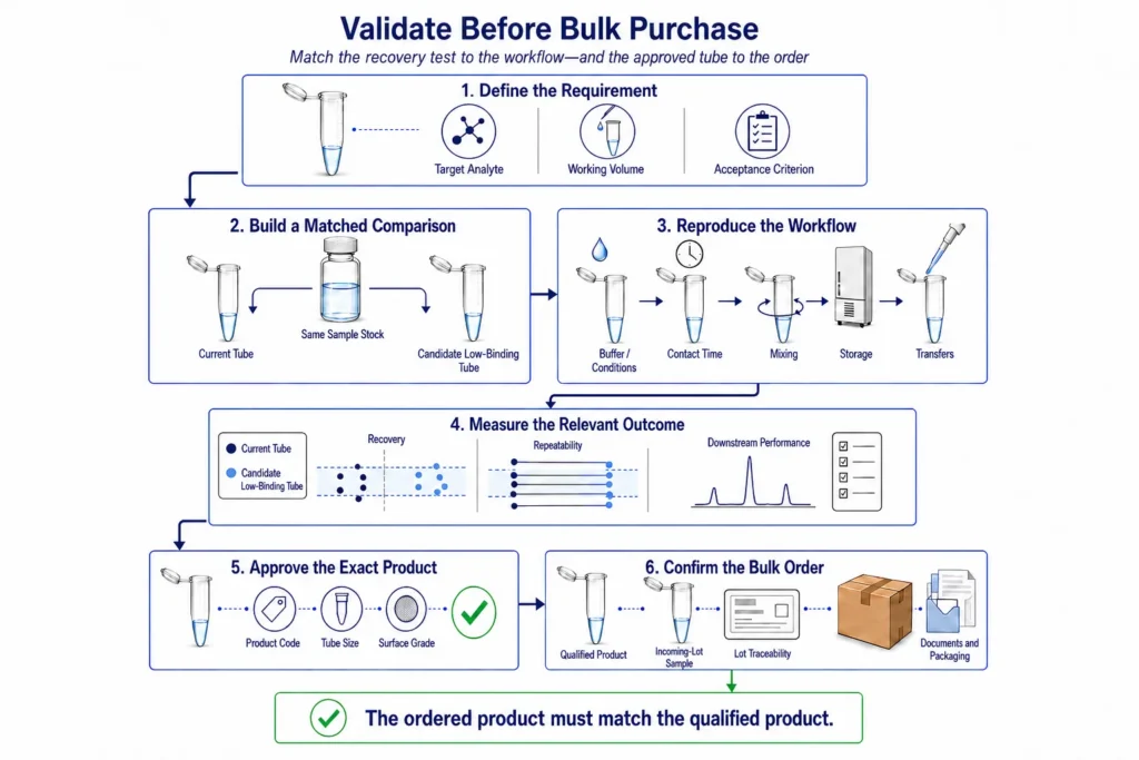 Six-stage workflow for validating a low-binding microcentrifuge tube before bulk purchase