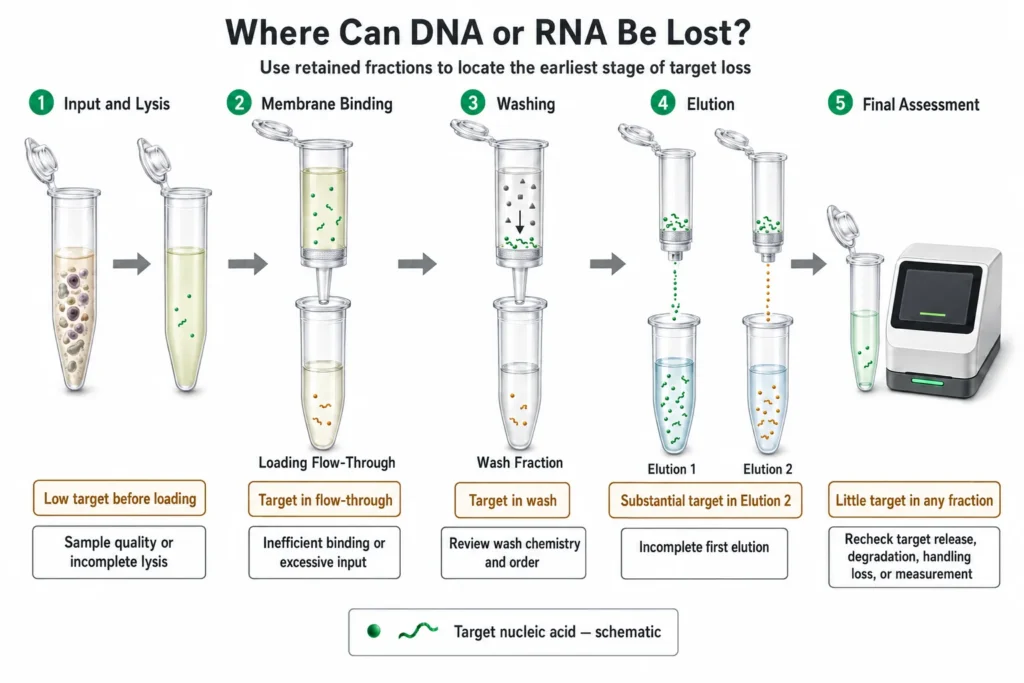 DNA or RNA loss traced through input and lysis, membrane binding, wash fractions, separate elutions, and final assessment