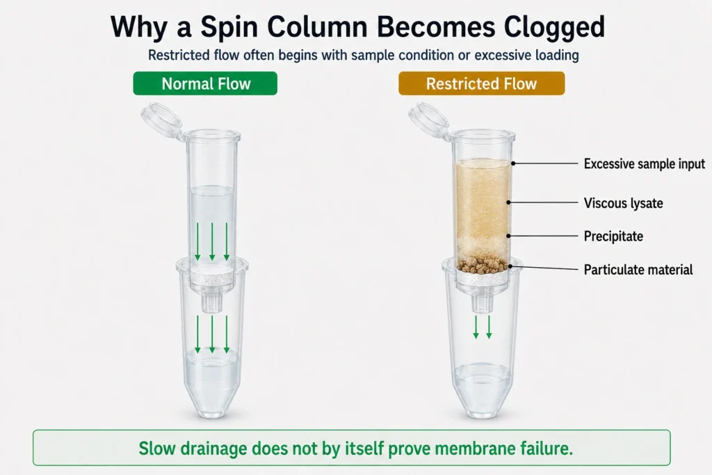 Normal and restricted spin column flow caused by excessive input, viscous lysate, precipitate, or particles