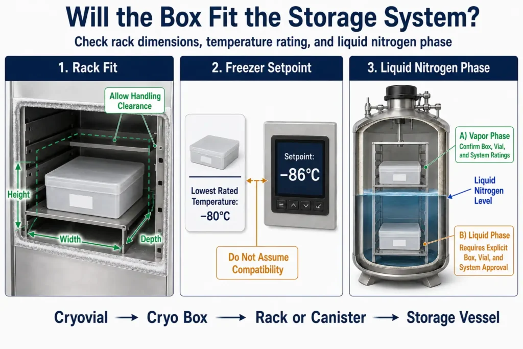 Cryo box compatibility checks for freezer rack dimensions, temperature rating, and liquid nitrogen storage phase