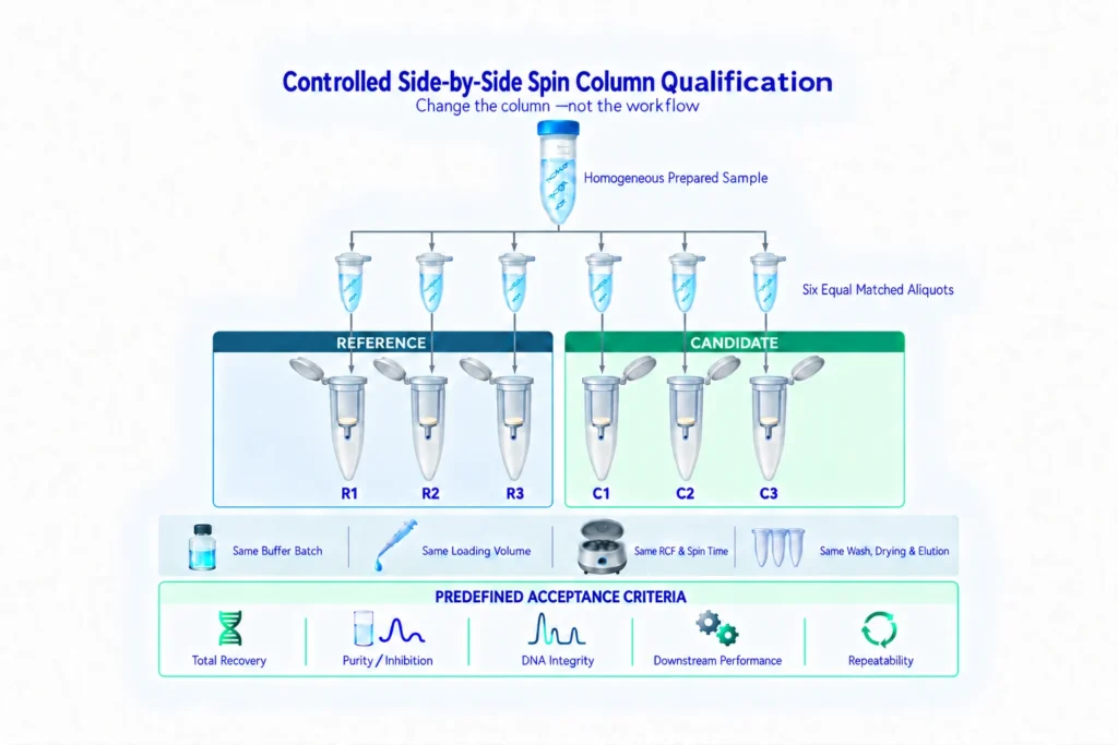 Controlled side-by-side spin column qualification using matched aliquots, independent replicates, and predefined acceptance criteria