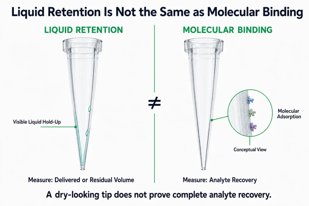 Visible liquid retention compared with molecular adsorption inside pipette tips