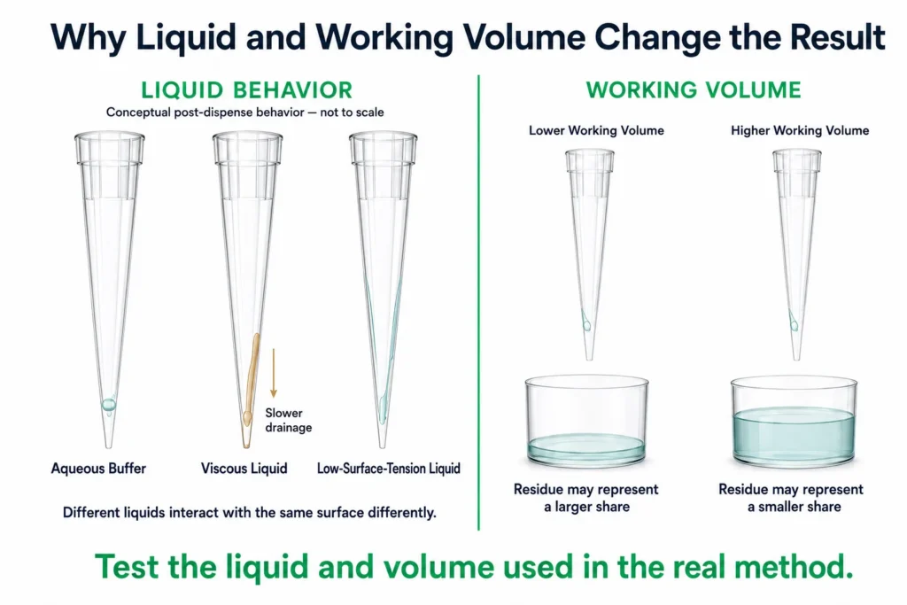 Effects of aqueous, viscous, and low-surface-tension liquids and working volume on pipette tip residue