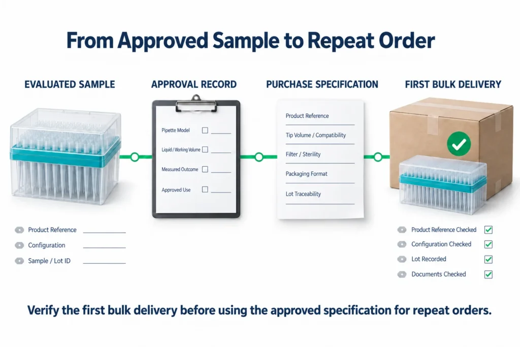 Traceability from an evaluated pipette tip sample through approval and purchase specification to verified bulk delivery