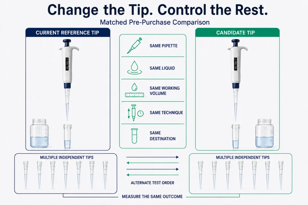 Matched comparison of reference and candidate pipette tips using the same pipette, liquid, volume, technique, and destination