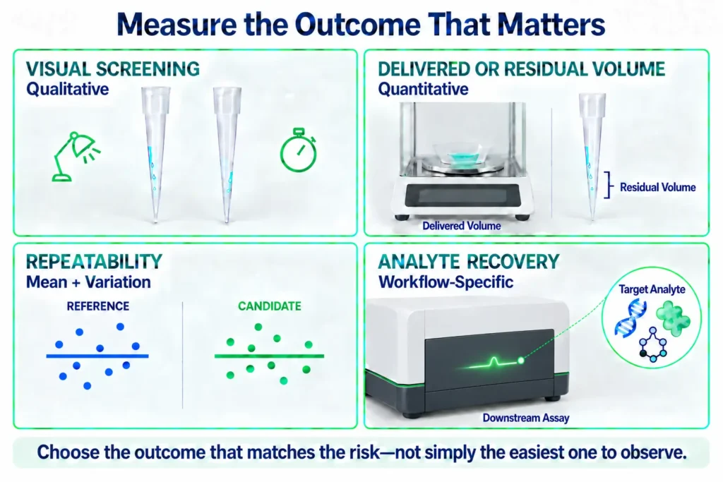 Four outcomes for pipette tip evaluation: visual residue, delivered or residual volume, repeatability, and analyte recovery