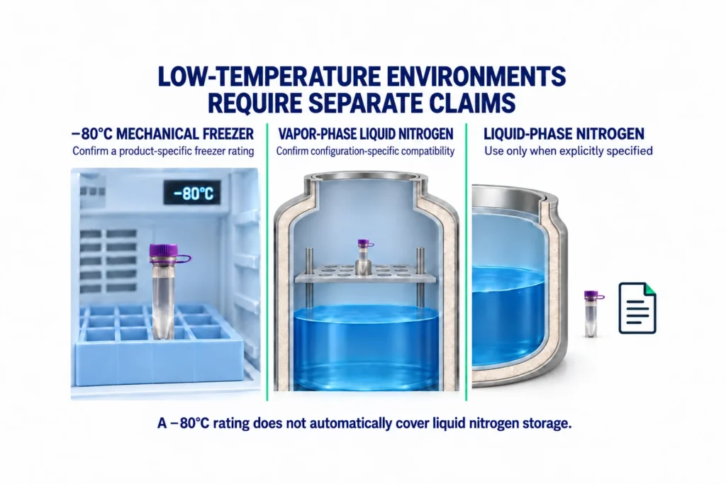 Three low-temperature storage environments: a −80°C mechanical freezer, vapor-phase liquid nitrogen, and liquid-phase nitrogen