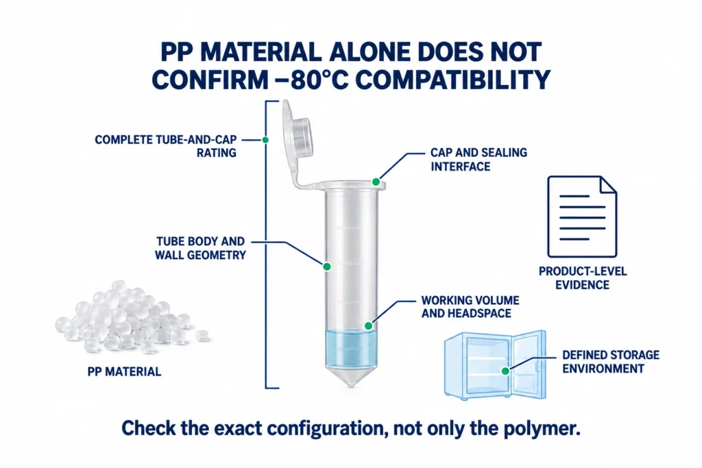 Polypropylene tube with callouts for wall geometry, cap sealing, headspace, product rating, and storage environment at −80°C