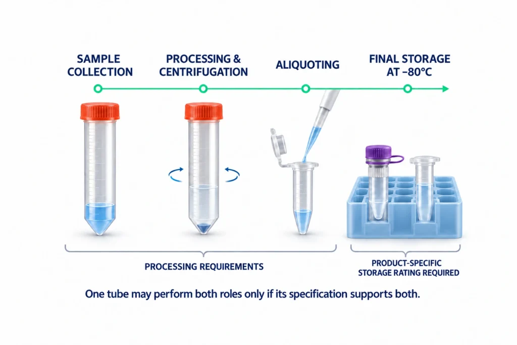 Workflow from sample collection and centrifugation to aliquoting and final −80°C storage