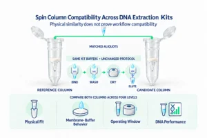 Spin column compatibility comparison across DNA extraction kits using matched aliquots and an unchanged protocol