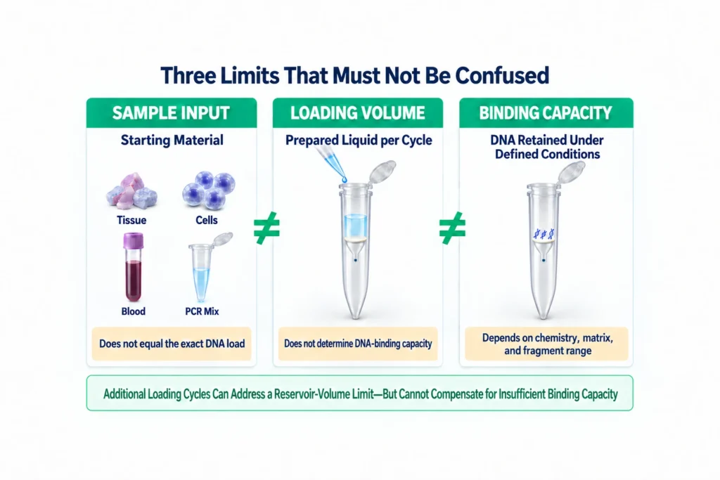 Difference between sample input, loading volume, and DNA-binding capacity in spin column purification