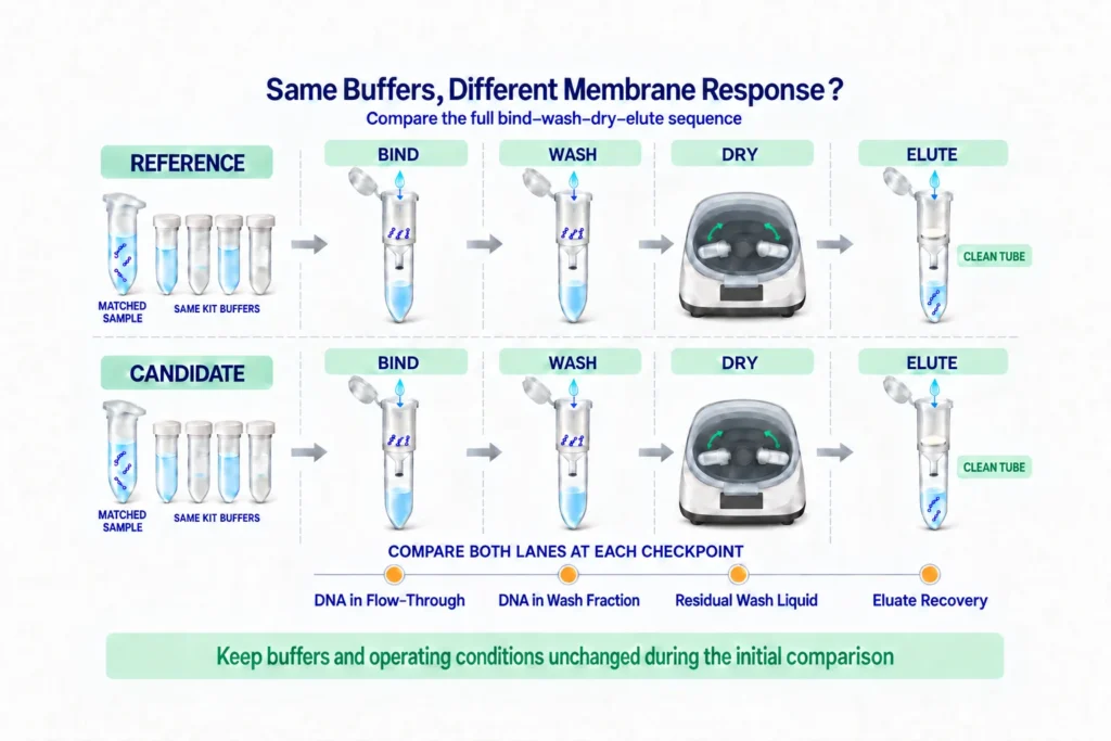 Reference and candidate spin columns compared through bind, wash, dry, and elute stages using the same buffers