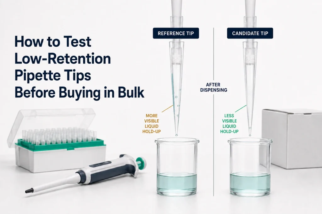 Reference pipette tip and candidate low-retention tip compared for visible liquid hold-up after dispensing