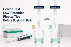 Reference pipette tip and candidate low-retention tip compared for visible liquid hold-up after dispensing