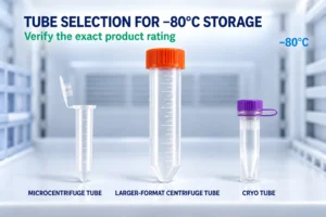 Microcentrifuge tube, larger-format centrifuge tube, and cryo tube compared for −80°C storage