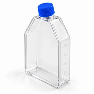 Transparent cell culture flask with blue screw cap, angled neck, and visible volume graduations on the side.