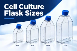 Illustration of T25, T75, T175 and T225 cell culture flasks arranged by size