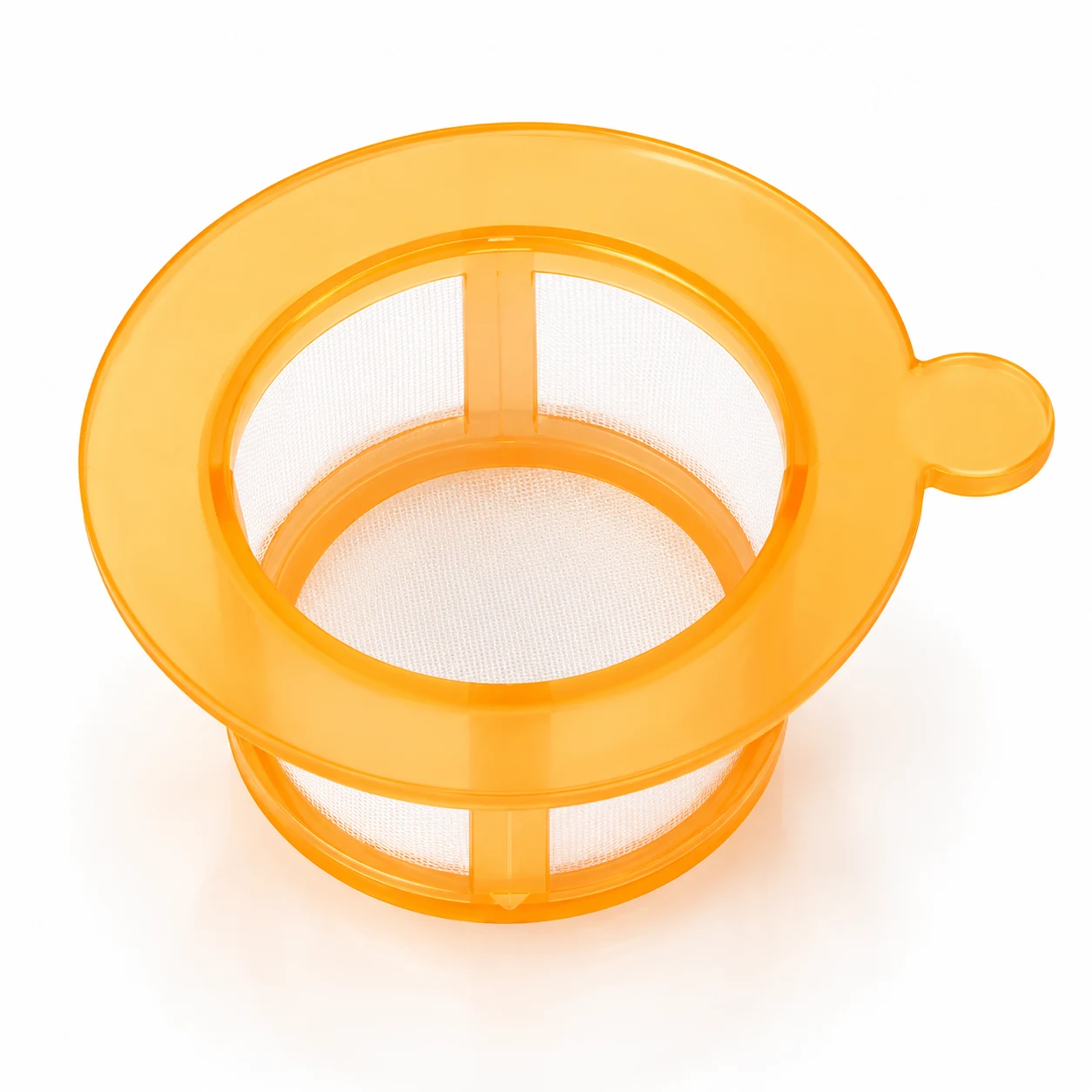 Orange nylon mesh cell strainer with polypropylene frame and handling tab