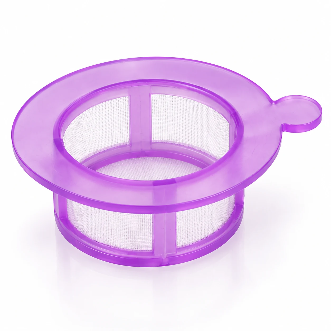 Purple nylon mesh cell strainer showing cylindrical mesh and polypropylene support frame