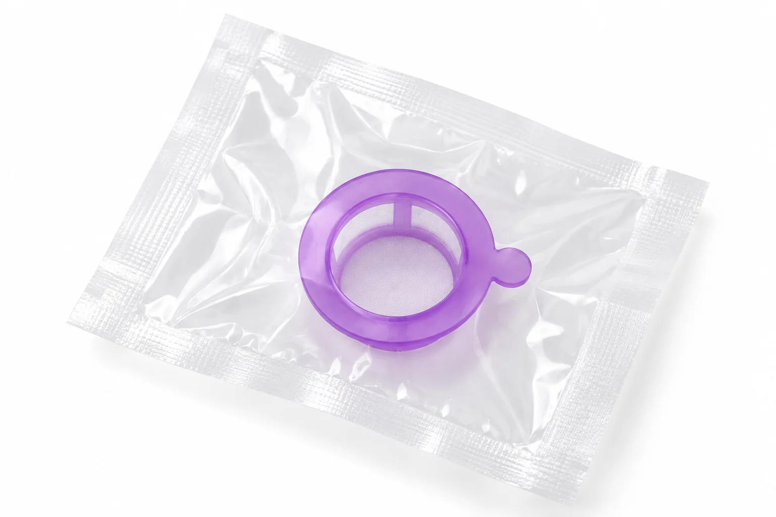 Purple nylon mesh cell strainer displayed on a clear packaging pouch