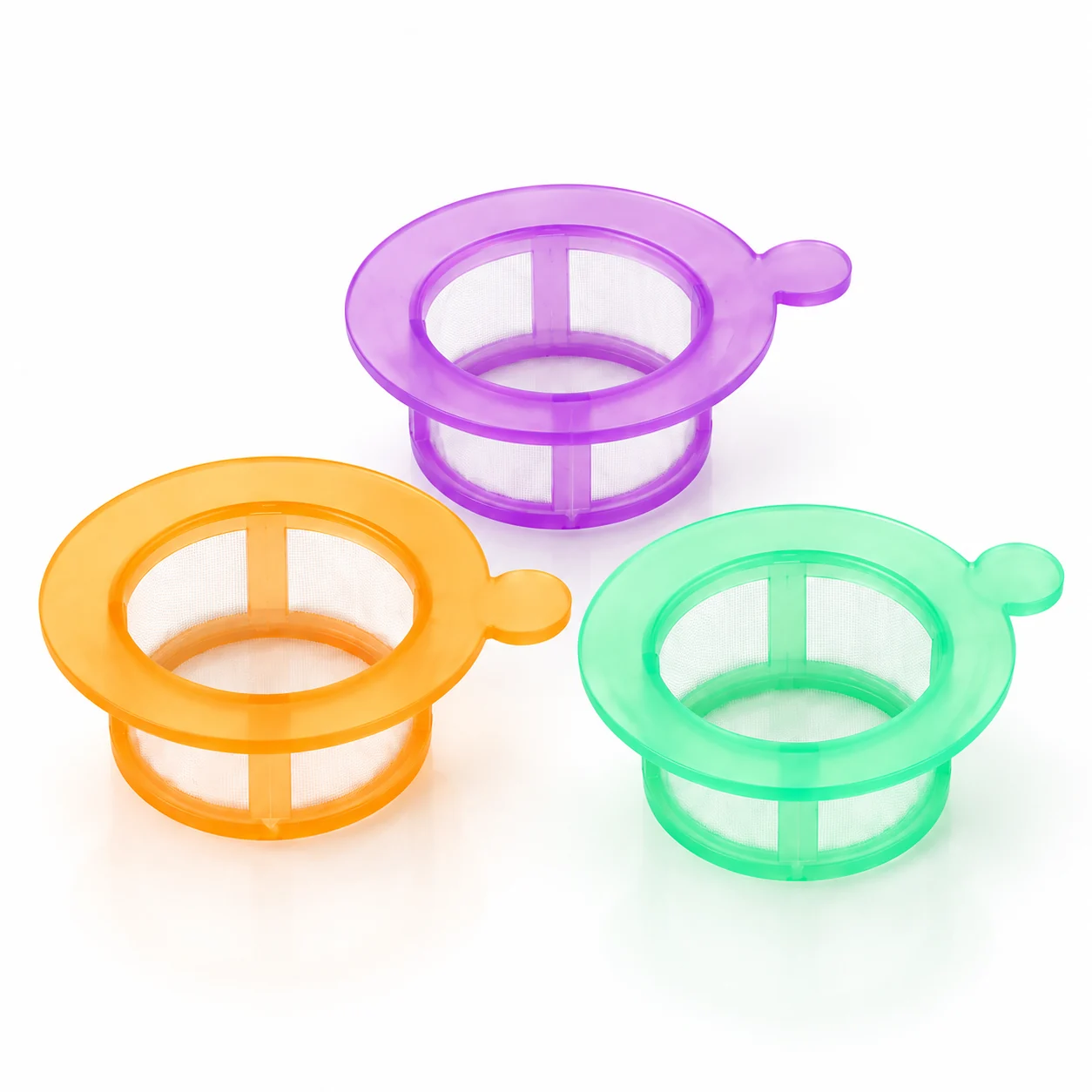 Purple, orange and green nylon mesh cell strainers for cell suspension filtration